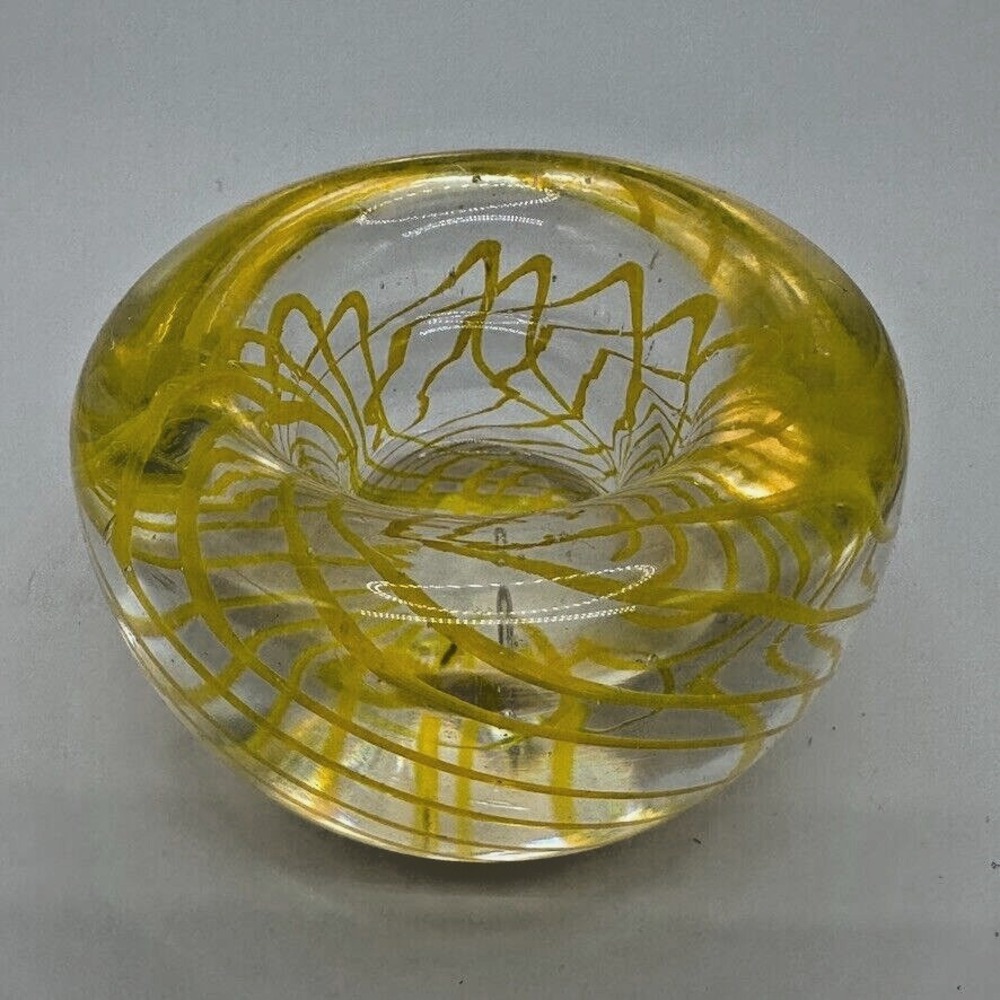 Art Glass Votive Candle Holder Yellow Swirl‎ Hand Blown Clear Heavy Glass Boho